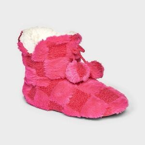 Women's Checkered Faux Fur Booties with Poms and Grippers - Pink M/L